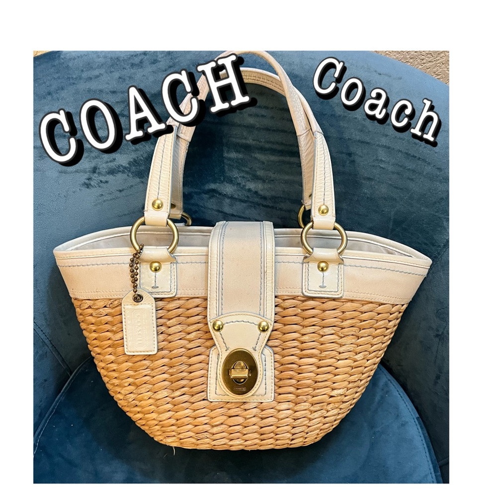 Coach straw basket purse with white leather